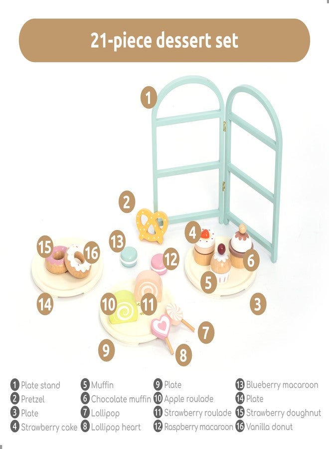 UMU® Wooden Dessert Playset - Pretend Play Kitchen Toy with Stand, Cupcakes, Donuts, Macarons, Candy & More - Wooden Play Food Set for Kids Ages 3 4 5 6 - Image 5