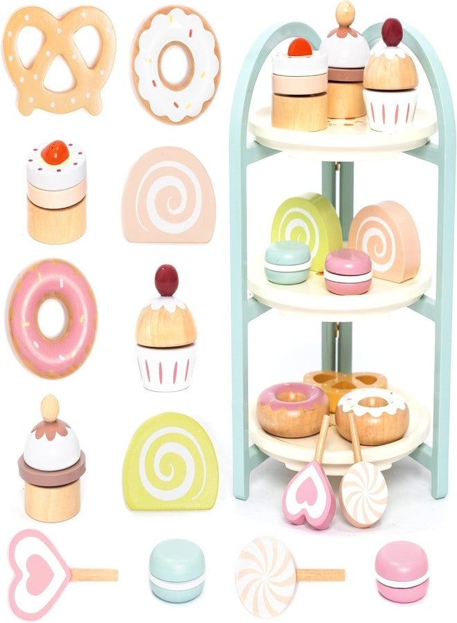 UMU® Wooden Dessert Playset - Pretend Play Kitchen Toy with Stand, Cupcakes, Donuts, Macarons, Candy & More - Wooden Play Food Set for Kids Ages 3 4 5 6 - Image 1