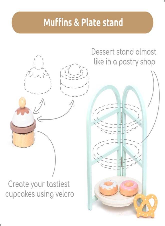 UMU® Wooden Dessert Playset - Pretend Play Kitchen Toy with Stand, Cupcakes, Donuts, Macarons, Candy & More - Wooden Play Food Set for Kids Ages 3 4 5 6 - Image 3