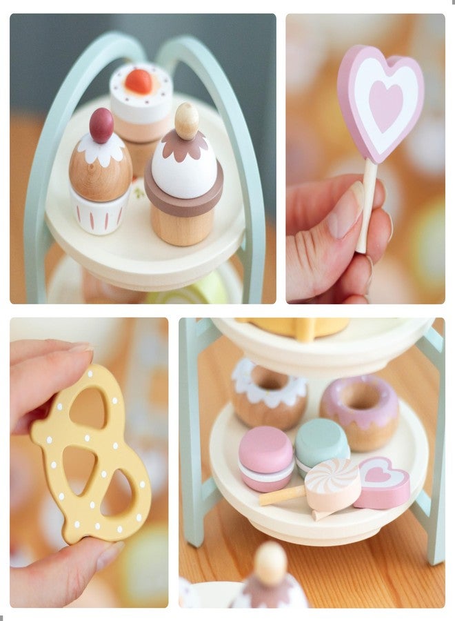UMU® Wooden Dessert Playset - Pretend Play Kitchen Toy with Stand, Cupcakes, Donuts, Macarons, Candy & More - Wooden Play Food Set for Kids Ages 3 4 5 6 - Image 4