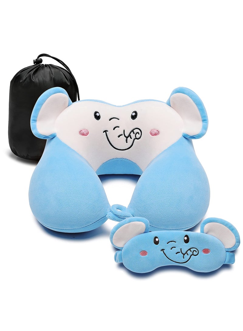 SYOSI Travel Pillow for Kids and Adults, Lovely Animal Memory Foam Neck Pillow with Soft Fleece Cover and Eye Mask Set, Airplane Pillow Travel Kit with Drawstring Organizer Bag, Machine Washable (Elephant)  - Image 1