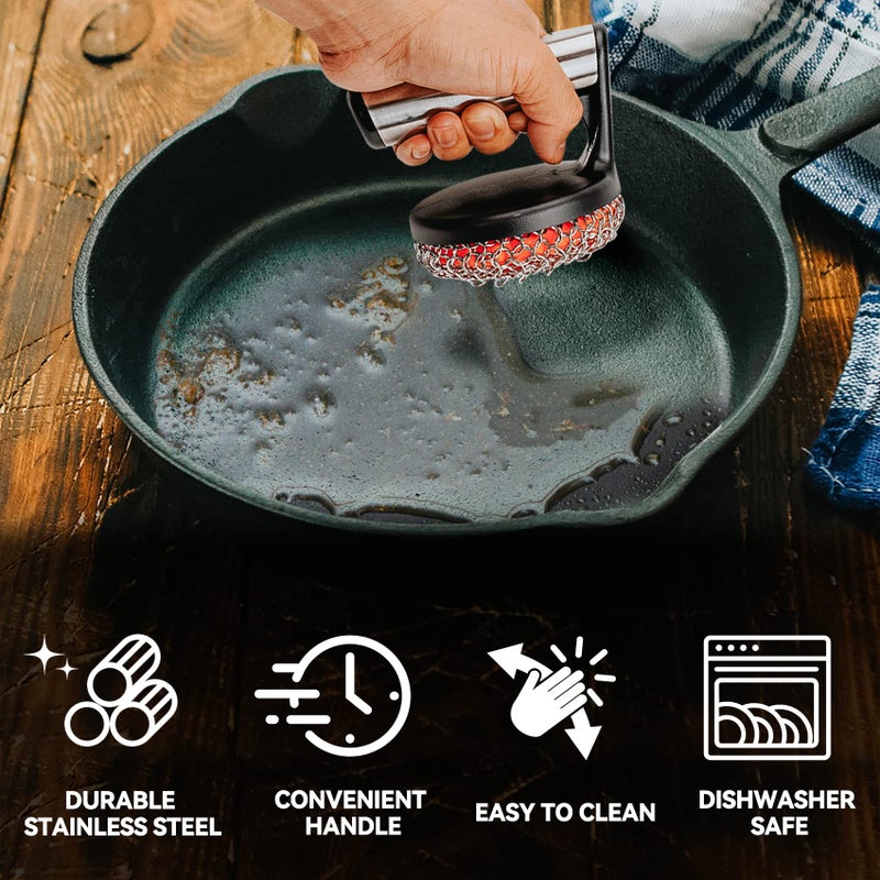 Skyflame Cast Iron Scrubber with Handle, Stainless Steel Chainmail Cleaner for Pans and Skillets - Cast Iron Cookware, Ovens and Grills Cleaning Accessory - Image 3