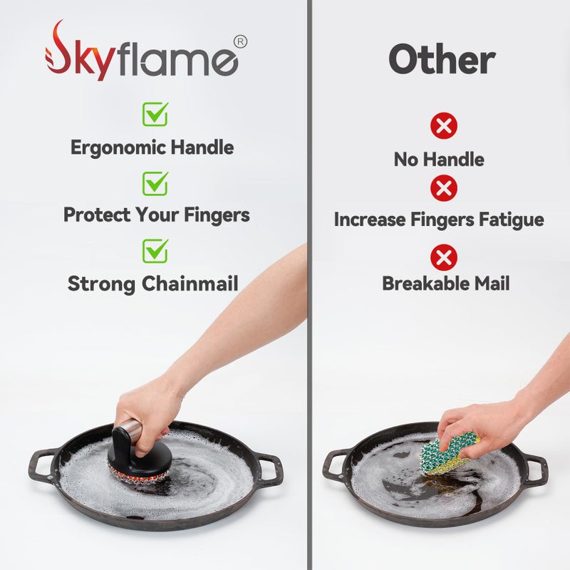 Skyflame Cast Iron Scrubber with Handle, Stainless Steel Chainmail Cleaner for Pans and Skillets - Cast Iron Cookware, Ovens and Grills Cleaning Accessory - Image 4