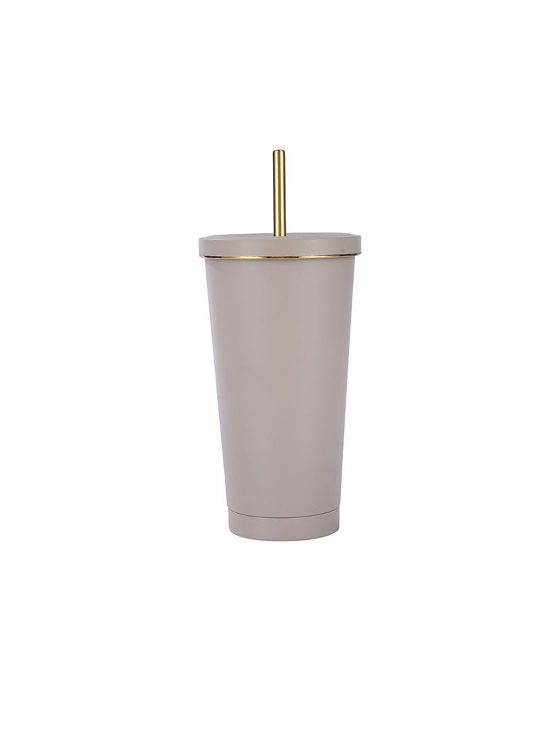 زد Portable straw thermos cup 750ml light grey gold rim 