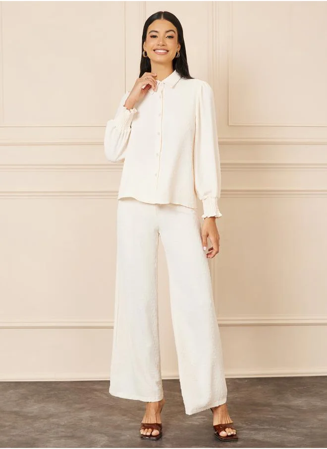 Styli Dobby Smock Cuff Sleeves Blouse and Wide Leg Pant Set