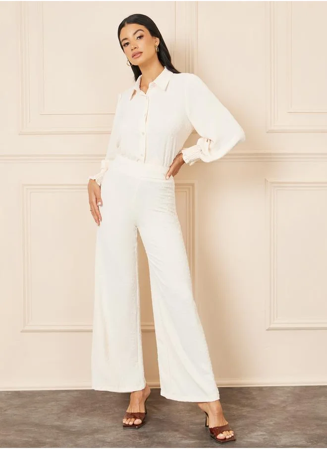 Styli Dobby Smock Cuff Sleeves Blouse and Wide Leg Pant Set