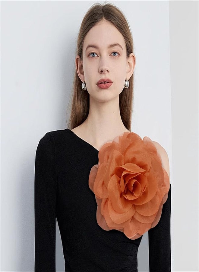 Dtja 23cm/9" Large Fabric Silky Flower Brooch Pin for Women Girls Dainty Camellia Brooches Lapel Duckbill Alligator Hair Clips Barrettes Floral Hair Pins Holiday Wedding Costume Accessories (Orange) - Image 2