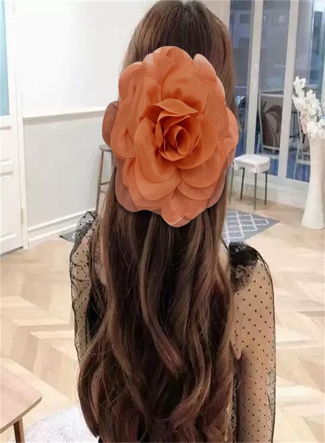 Dtja 23cm/9" Large Fabric Silky Flower Brooch Pin for Women Girls Dainty Camellia Brooches Lapel Duckbill Alligator Hair Clips Barrettes Floral Hair Pins Holiday Wedding Costume Accessories (Orange) - Image 3