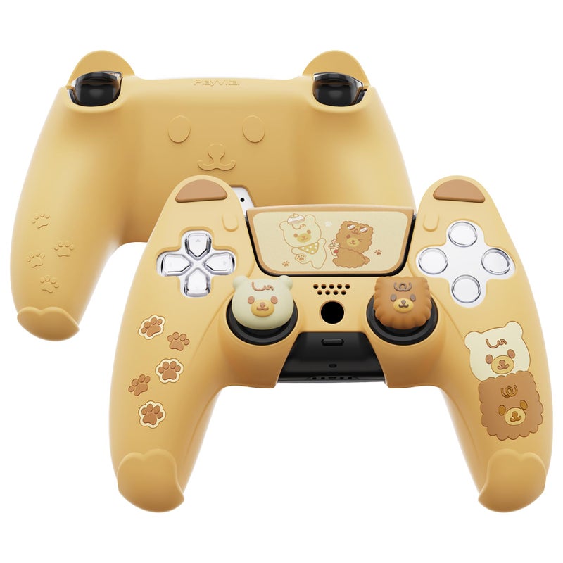 PlayVital Cute Bear Controller Silicone Case for ps5, Kawaii Controller Cover Compatible with Charging Station, Gamepad Skin Protector for ps5 with Touch Pad Sticker & Thumb Grips - Yellow & Brown - Image 1