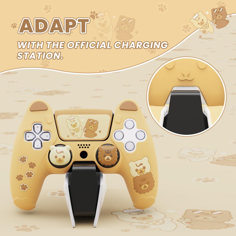 PlayVital Cute Bear Controller Silicone Case for ps5, Kawaii Controller Cover Compatible with Charging Station, Gamepad Skin Protector for ps5 with Touch Pad Sticker & Thumb Grips - Yellow & Brown - Image 5