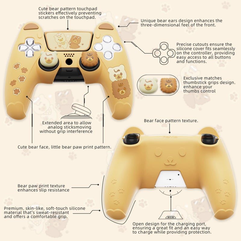 PlayVital Cute Bear Controller Silicone Case for ps5, Kawaii Controller Cover Compatible with Charging Station, Gamepad Skin Protector for ps5 with Touch Pad Sticker & Thumb Grips - Yellow & Brown - Image 3
