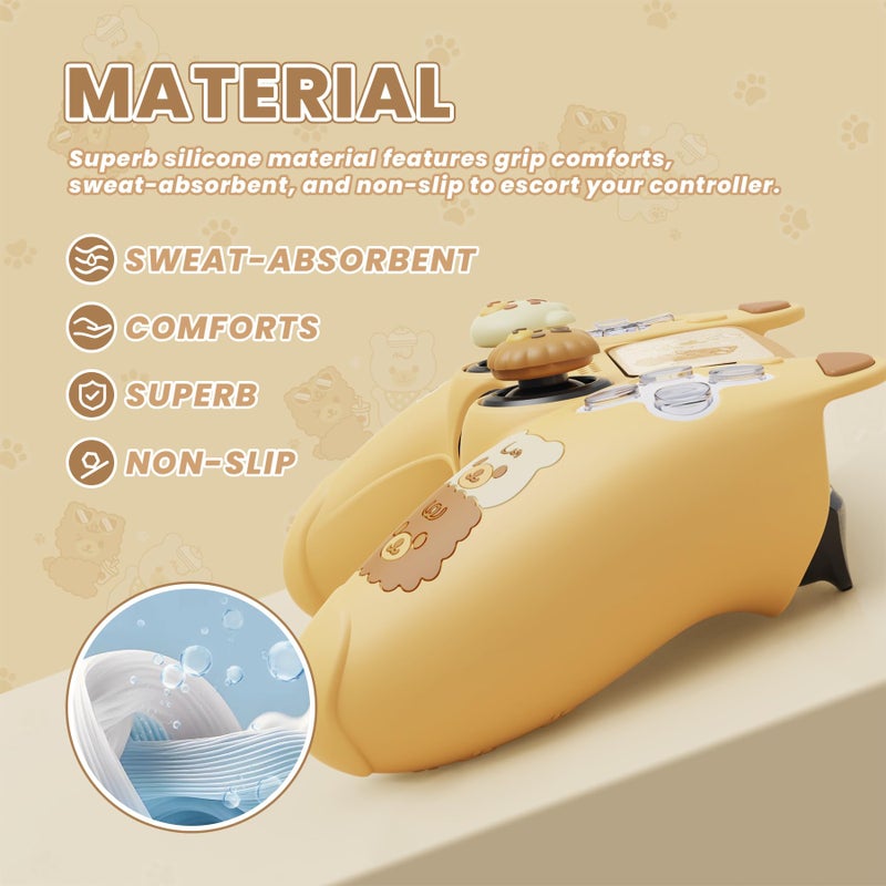 PlayVital Cute Bear Controller Silicone Case for ps5, Kawaii Controller Cover Compatible with Charging Station, Gamepad Skin Protector for ps5 with Touch Pad Sticker & Thumb Grips - Yellow & Brown - Image 4