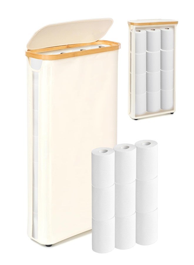 GARPROVM Toilet Paper Storage Basket with Lid, Slim Free Standing Toilet Roll Storage Holder Stand with See Through Window, Holds up to 20 Regular Rolls or 12 Mega Rolls Bathroom Organizer, Beige - Image 1