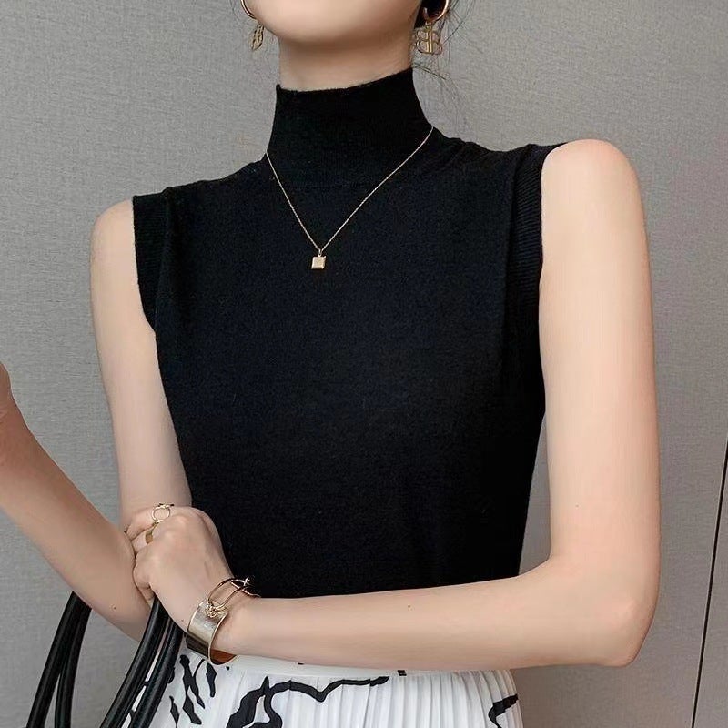 Ice Silk T-Shirt 2024 Spring And Korean Style Sleeveless Bottoming Shirt Half Turtleneck Slim Knitted Inner Vest Top - Image 1