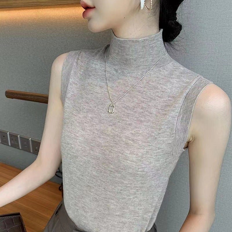 Ice Silk T-Shirt 2024 Spring And Korean Style Sleeveless Bottoming Shirt Half Turtleneck Slim Knitted Inner Vest Top - Image 2