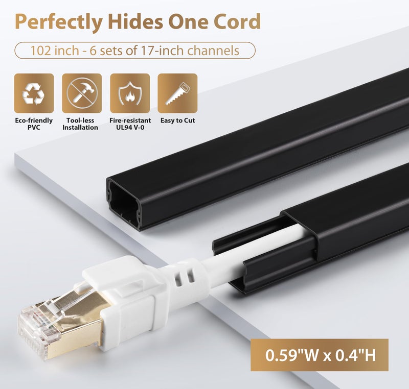 ZhiYo Cord Hider for One Wire, 102in Cable Hider Concealer, Paintable Wall Wire Covers, PVC Cable Management Raceway for A Thick Extension Cord, 6 x L17in W0.59 H0.4in, Black - Image 2