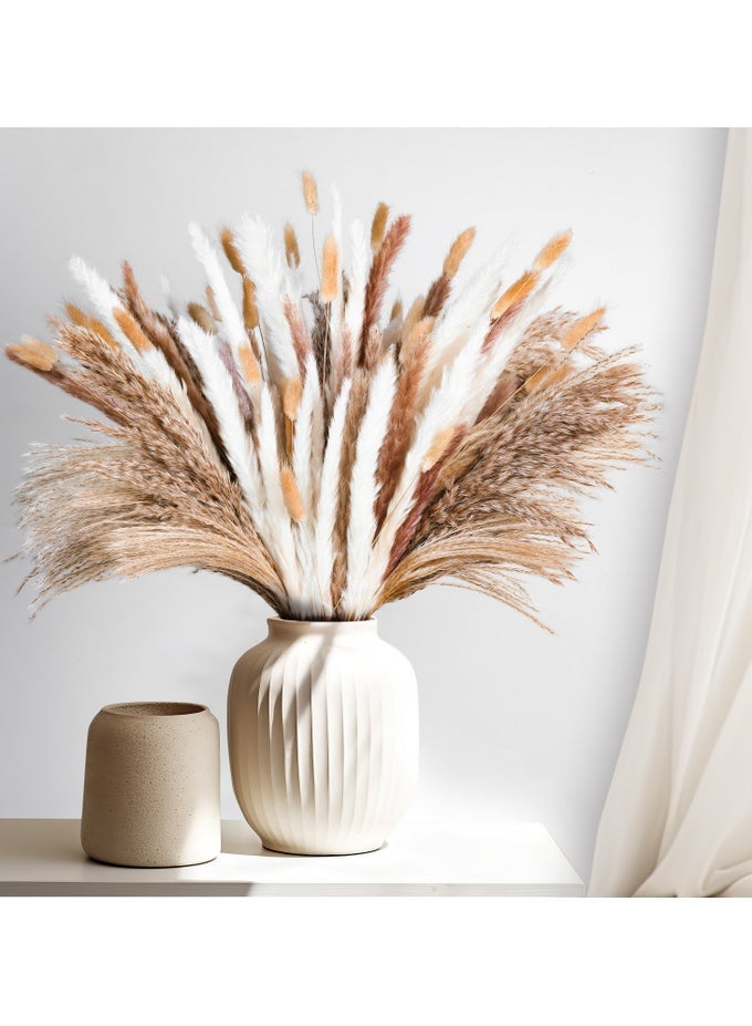 126 PCS PAMPAS GRASS, 5 STYLE, 17" NATURAL DRIED FLOWERS, BOHO DECOR, FLORAL DECORATION FOR HOME ROOM OFFICE PARTY DECOR BUNNY TAIL, REED GRASS, WHITE, BROWN & FLUFFY PAMPAS