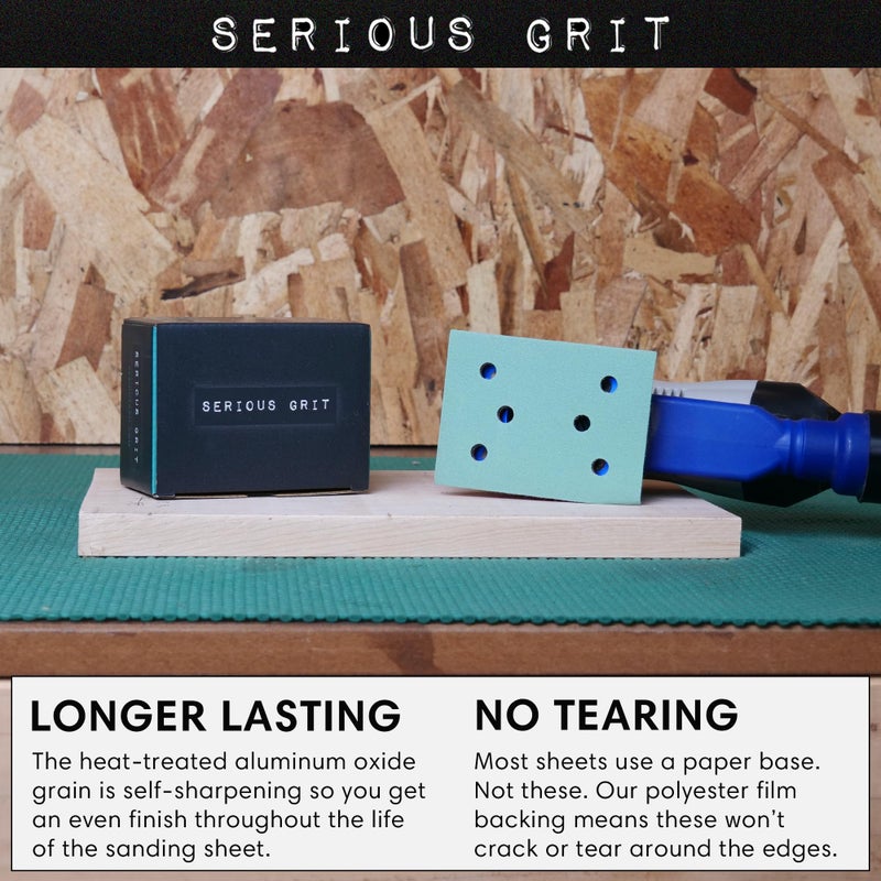 Serious Grit - 3" x 4" 6-Hole Assorted Grit Sanding Sheets - 80, 120, 150, 180, 220 Grit (10 of Each) - Fits Surfprep, Uneeda Ekasand, Mirka DEOS 343 - Sandpaper for 3x4 Sheet Sanders - 50 Pack Box - Image 5