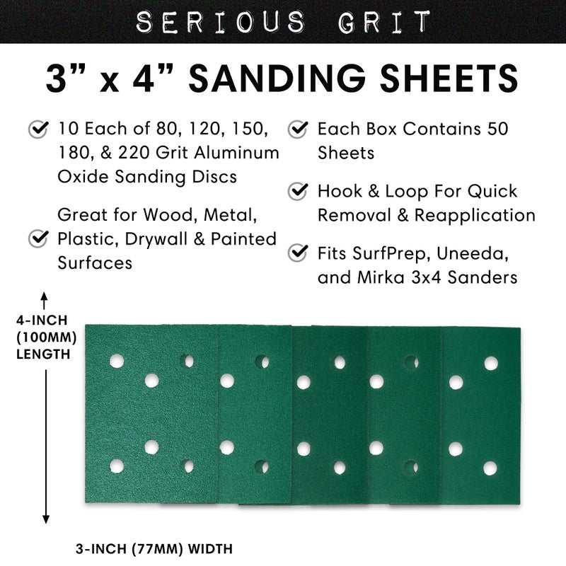 Serious Grit - 3" x 4" 6-Hole Assorted Grit Sanding Sheets - 80, 120, 150, 180, 220 Grit (10 of Each) - Fits Surfprep, Uneeda Ekasand, Mirka DEOS 343 - Sandpaper for 3x4 Sheet Sanders - 50 Pack Box - Image 3