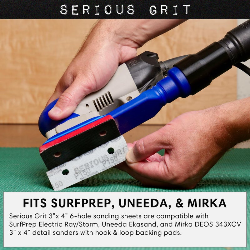 Serious Grit - 3" x 4" 6-Hole Assorted Grit Sanding Sheets - 80, 120, 150, 180, 220 Grit (10 of Each) - Fits Surfprep, Uneeda Ekasand, Mirka DEOS 343 - Sandpaper for 3x4 Sheet Sanders - 50 Pack Box - Image 2