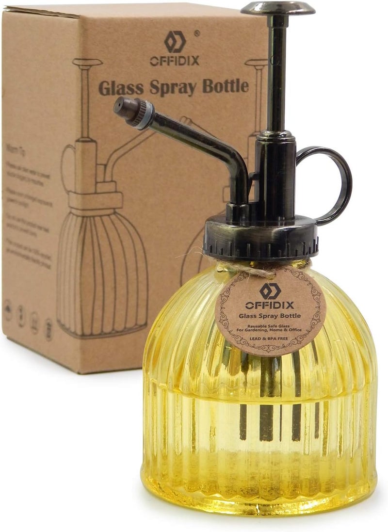 OFFIDIX Glass Watering Spray Bottle, 6.3" Tall Vintage Style Decorative Plant Atomizer Watering Can Pot with Bronze Plastic Top Pump for Indoor Potted Plants(Yellow) - Image 1
