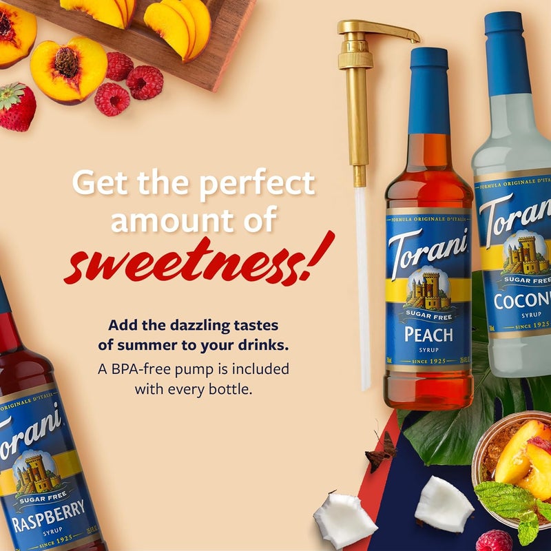 Torani Sugar Free Syrup 3 Pack - Coconut, Peach & Raspberry Flavors for Sodas, Ices, and Creams - Image 3