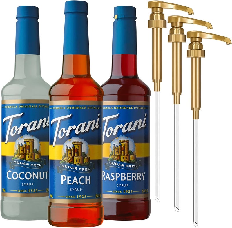 Torani Sugar Free Syrup 3 Pack - Coconut, Peach & Raspberry Flavors for Sodas, Ices, and Creams - Image 1