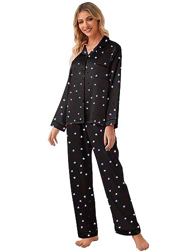 Schbbbta Women Satin Pajamas Set, Preppy Comfy Sleepwear Long Sleeve Soft Satin Matching Silky Soft Pjs Set, Heart Black, X-Small - Image 4