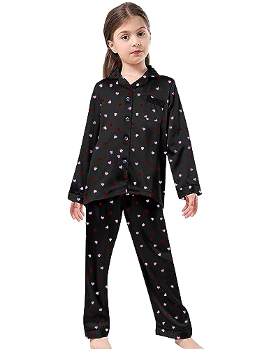Schbbbta Women Satin Pajamas Set, Preppy Comfy Sleepwear Long Sleeve Soft Satin Matching Silky Soft Pjs Set, Heart Black, X-Small - Image 2