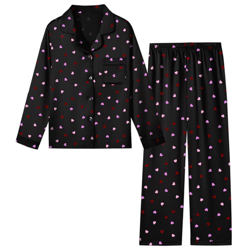 Schbbbta Women Satin Pajamas Set, Preppy Comfy Sleepwear Long Sleeve Soft Satin Matching Silky Soft Pjs Set, Heart Black, X-Small - Image 1