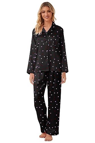Schbbbta Women Satin Pajamas Set, Preppy Comfy Sleepwear Long Sleeve Soft Satin Matching Silky Soft Pjs Set, Heart Black, X-Small - Image 5