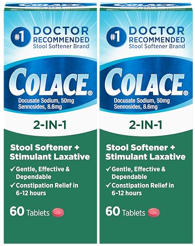 Colace 2-in-1 Stool Softener Plus Stimulant Laxative for Gentle Effective Constipation Relief, Docusate Sodium Plus Sennosides, 60 Count (Pack of 2) - Image 1