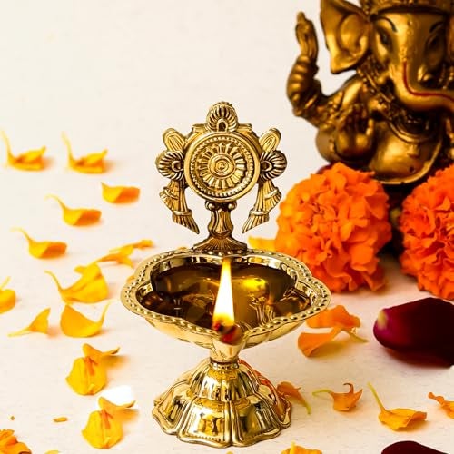 Klassic 4.3 Inch Brass Shankh Chakra Diya | Aarti Oil Lamp for Mandir, Pooja & Home Temple | Traditional Deepak for Diwali, Navratri & Festive Decor | Pack of 1 - Image 1