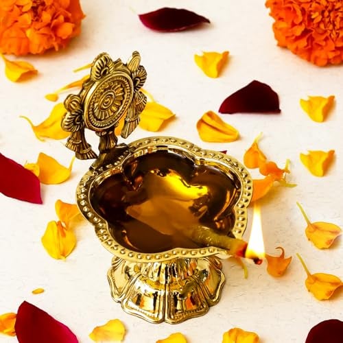 Klassic 4.3 Inch Brass Shankh Chakra Diya | Aarti Oil Lamp for Mandir, Pooja & Home Temple | Traditional Deepak for Diwali, Navratri & Festive Decor | Pack of 1 - Image 3