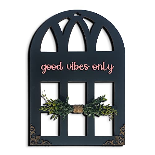 Chalk My Theme 3D Laser Cut Letters Good Vibes Only Wall Décor in Window Style with Leaves Wooden Wall or Door Decor for Home, Living Room, Bedroom, Balcony or Any Favorite Place Stone Grey - Image 1
