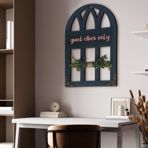 Chalk My Theme 3D Laser Cut Letters Good Vibes Only Wall Décor in Window Style with Leaves Wooden Wall or Door Decor for Home, Living Room, Bedroom, Balcony or Any Favorite Place Stone Grey - Image 4