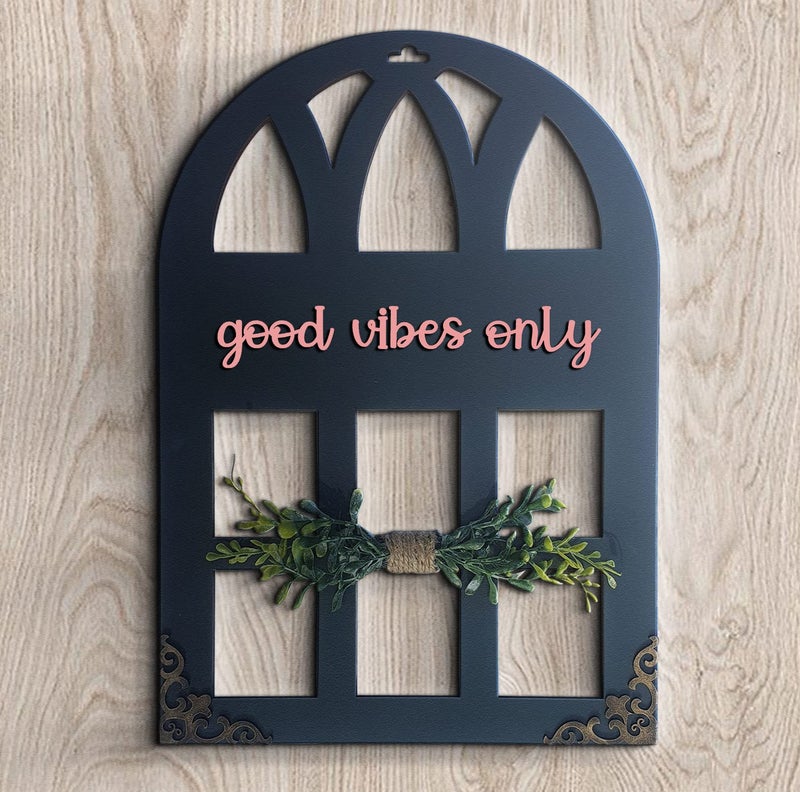 Chalk My Theme 3D Laser Cut Letters Good Vibes Only Wall Décor in Window Style with Leaves Wooden Wall or Door Decor for Home, Living Room, Bedroom, Balcony or Any Favorite Place Stone Grey - Image 5