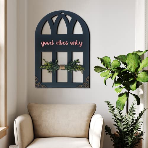 Chalk My Theme 3D Laser Cut Letters Good Vibes Only Wall Décor in Window Style with Leaves Wooden Wall or Door Decor for Home, Living Room, Bedroom, Balcony or Any Favorite Place Stone Grey - Image 3