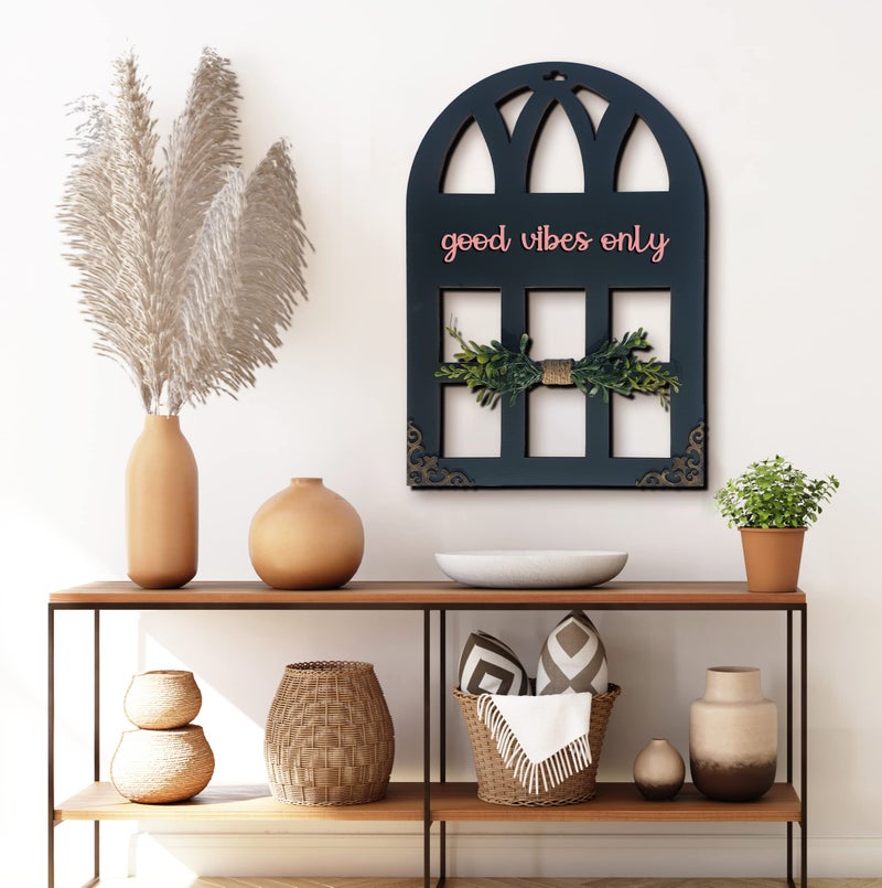 Chalk My Theme 3D Laser Cut Letters Good Vibes Only Wall Décor in Window Style with Leaves Wooden Wall or Door Decor for Home, Living Room, Bedroom, Balcony or Any Favorite Place Stone Grey - Image 2