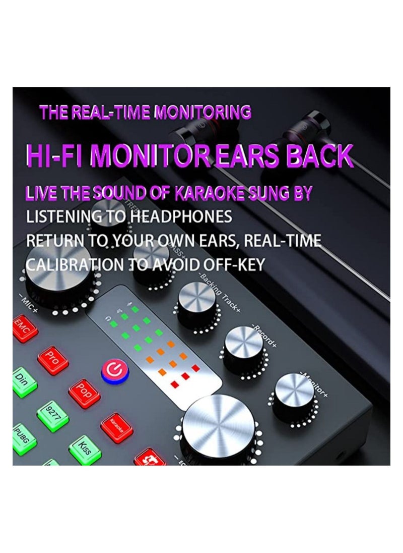 V8S Digital Audio Interface, Sound Card Microphone Kit, Live Mixer/Voice Changer/Audio Interface/Audio Mixer for Streaming/Gaming/Recording/Singing/PC/Computer