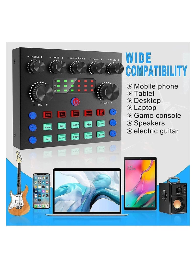 V8S Digital Audio Interface, Sound Card Microphone Kit, Live Mixer/Voice Changer/Audio Interface/Audio Mixer for Streaming/Gaming/Recording/Singing/PC/Computer