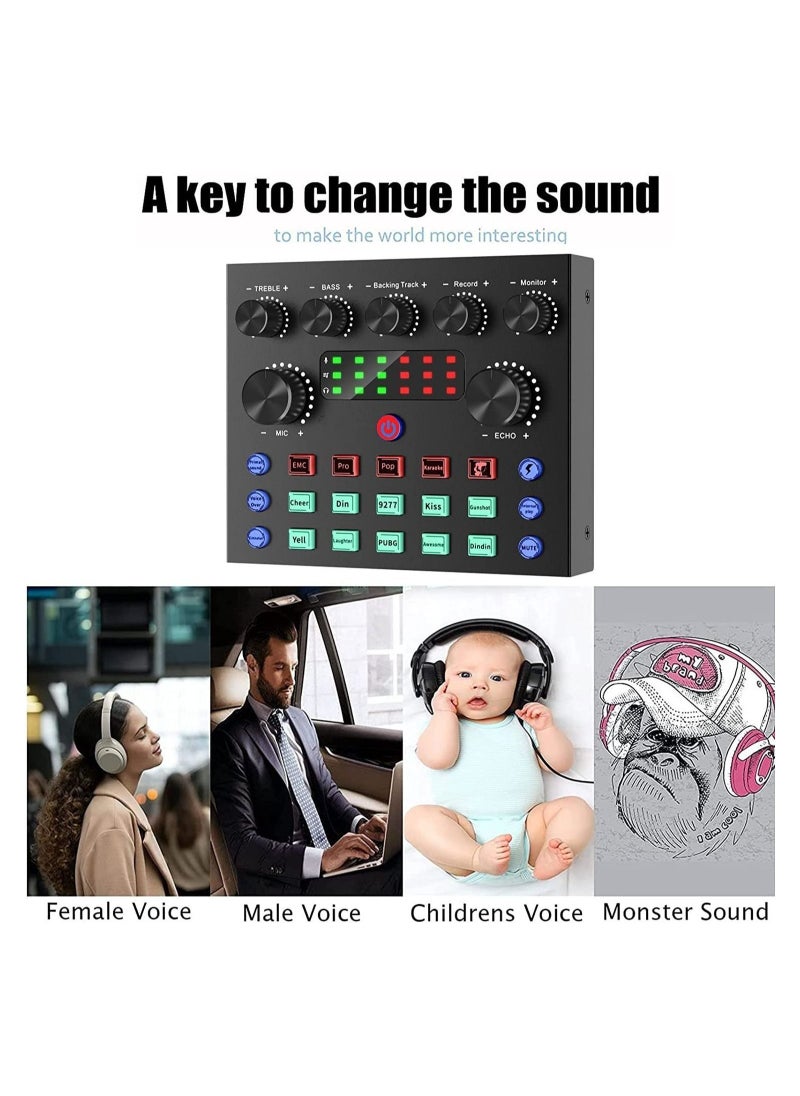 V8S Digital Audio Interface, Sound Card Microphone Kit, Live Mixer/Voice Changer/Audio Interface/Audio Mixer for Streaming/Gaming/Recording/Singing/PC/Computer