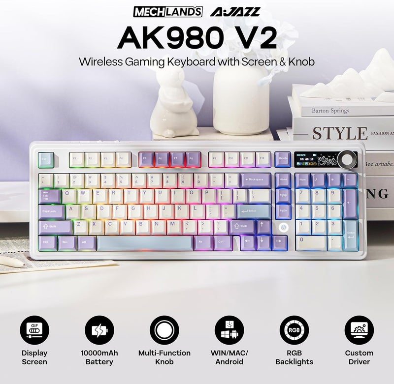 ميكلاندز لوحة مفاتيح ألعاب لاسلكية MechLands AJAZZ AK980 بنسبة 96% مع منفذ USB-C/BT5.0/2.4GHz وشاشة TFT مقاس 1.14 بوصة، لوحة مفاتيح ميكانيكية كريمية قابلة للتبديل السريع مع لوحة FR4، مقبض ��وار، إضاءة RGB لأنظمة Win/Mac (أبيض) - Image 2