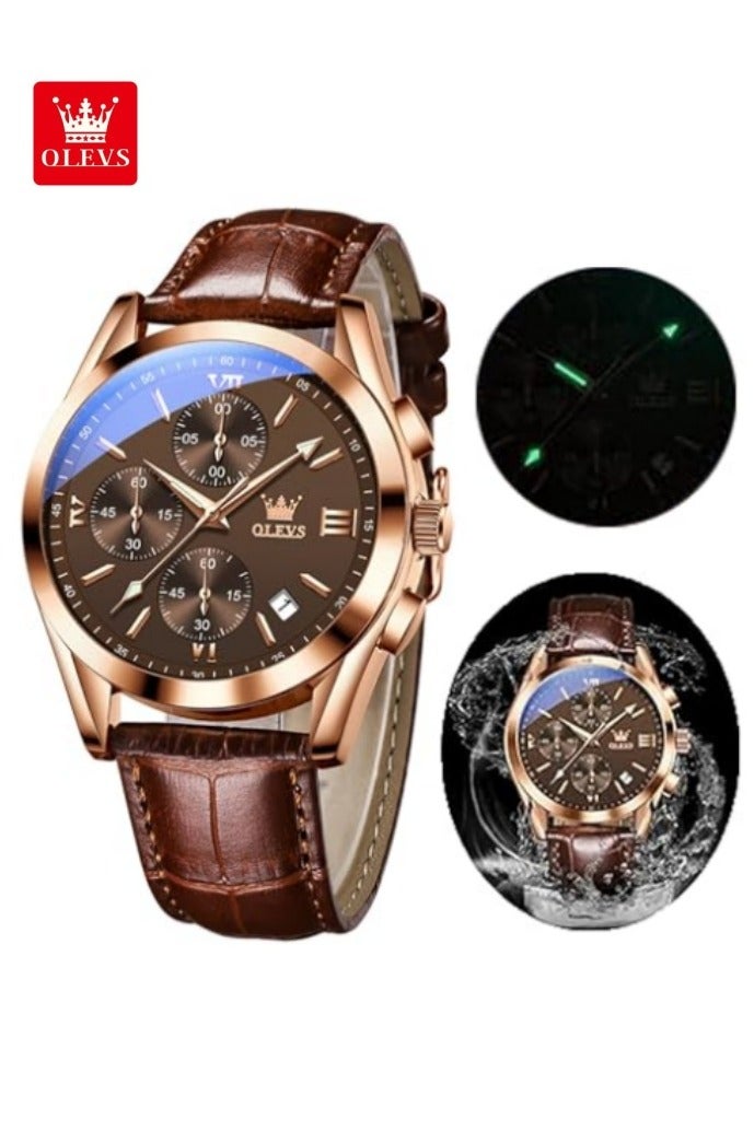 OLEVS Men's Chronograph Quartz Watches, Leather Strap with Day Date, Waterproof Stainless Steel Wrist Watch, Luminous Watches for Men, Fashion, Leisure - Image 1