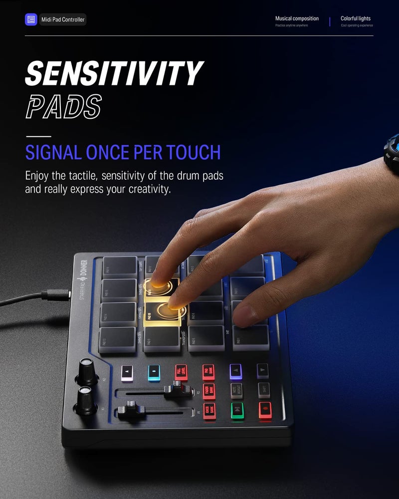 Donner لوحة تحكم MIDI مع لوحة مفاتيح USB Type-C، آلة إيقاع احترافية مع 16 لوحة، مخرج MIDI، 2 منزلقات وأزرار قابلة للتخصيص (STARRYPAD MINI، أسود) - Image 2