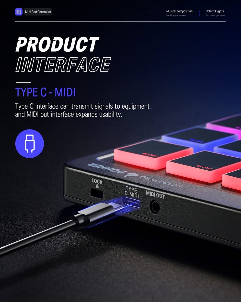 Donner لوحة تحكم MIDI مع لوحة مفاتيح USB Type-C، آلة إيقاع احترافية مع 16 لوحة، مخرج MIDI، 2 منزلقات وأزرار قابلة للتخصيص (STARRYPAD MINI، أسود) - Image 3