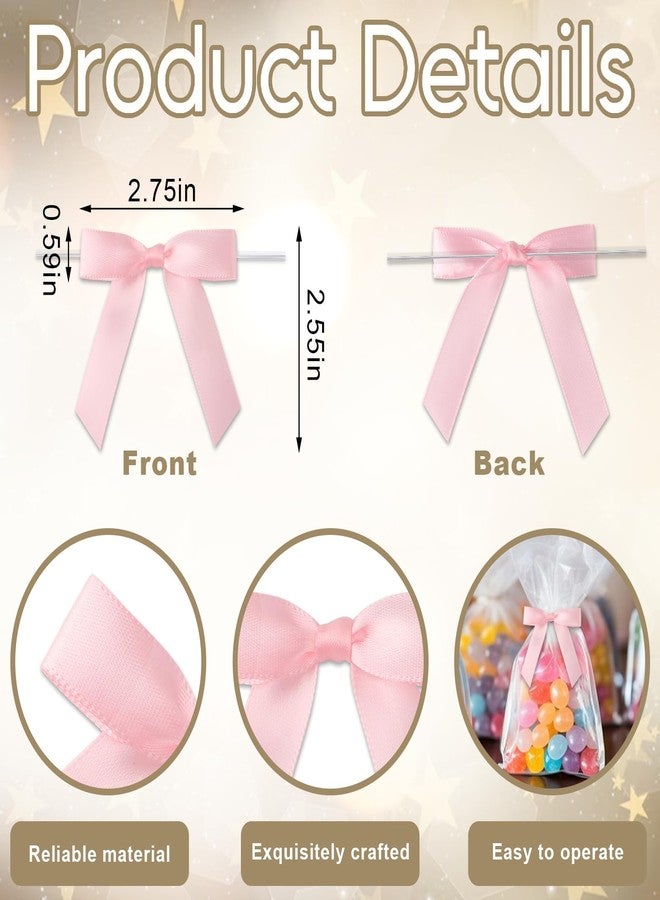 Blinket 50 Pcs Pink Satin Ribbon Twist Tie Bows 2.76×2.95 inch – Premade Small Bows for Gift Wrapping Treat Bags Wedding Baby Shower Party Favor Decorations - Image 2