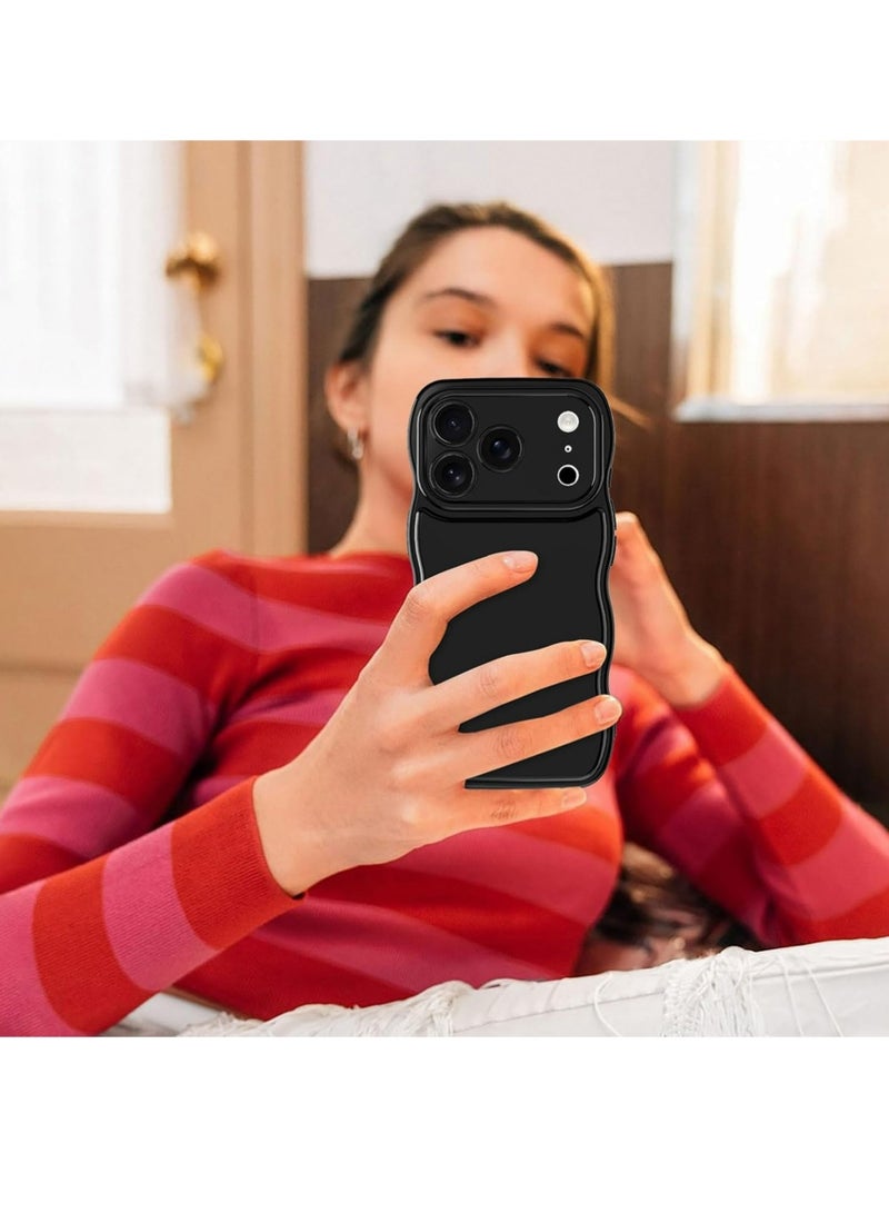 بولوز آيفون 17 برو ماكس حالة موجة، تصميم إطار ملفوف للنساء البنات لطيف موجة اللون الصلب حالة الهاتف الجمالية لينة مرنة TPU مقاومة للصدمات كامل الجسم الغطاء الوقائي 6.9 "-لامع أسود - Image 5