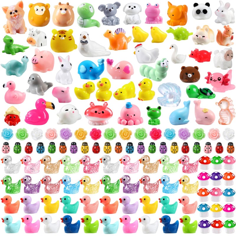 DULEFUN 150pcs Mini Resin Animals, Colorful Tiny Small Little Glitter Ducks Mushroom Figures to Hide Miniature Figurines for Dollhouse Micro Landscape Aquarium Decorations DIY Crafts - Image 1