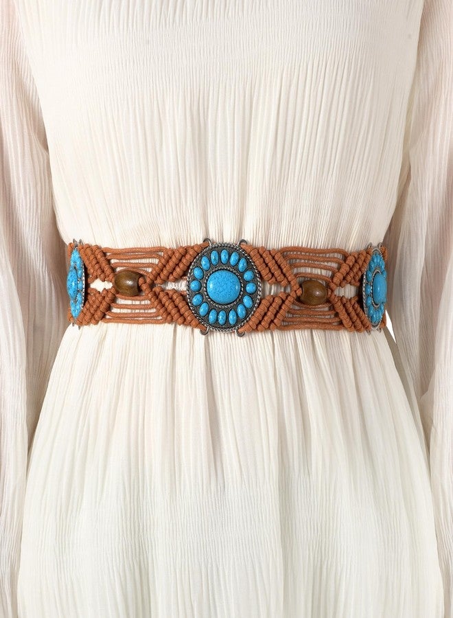 WHIPPY Boho Braid Waist Belt for Women Turquoise Wax Rope Hand-Woven Belt with Tassel Ethnic Western Women Belt for Dress, Brown - Image 2